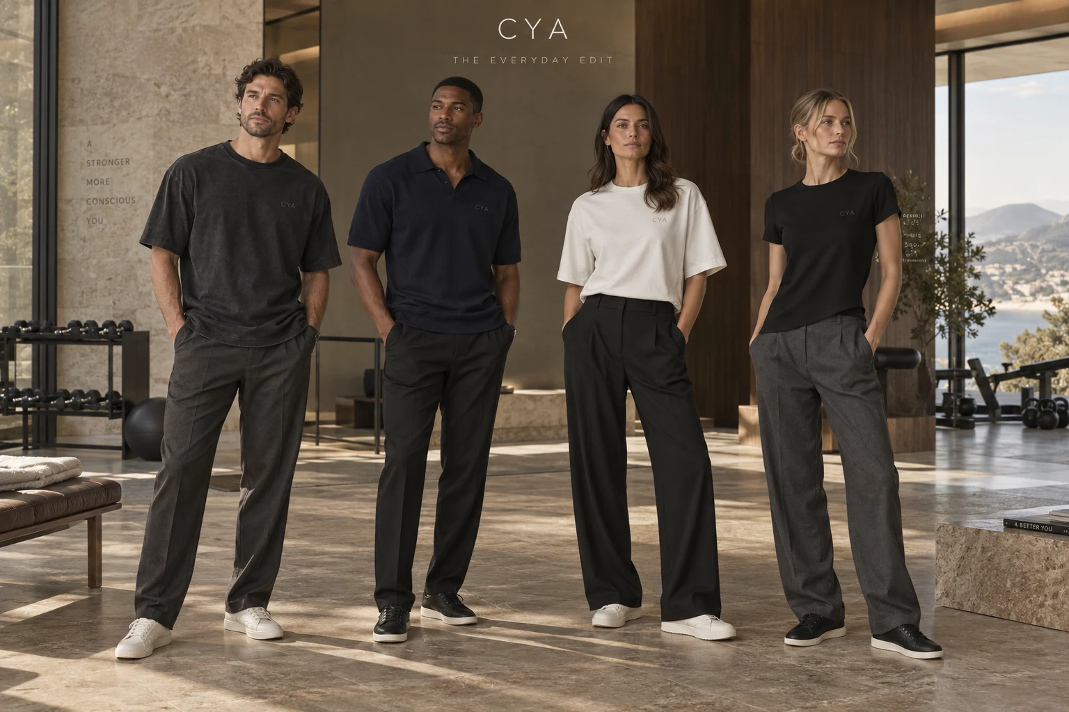Four CYA showroom looks: oversized and sculpted tees, knitted polo and clean long trousers